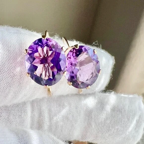 14K Yellow Gold Purple Amethyst Earrings, February Birthstone Earrings